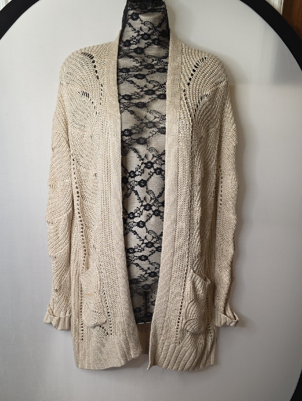 Open-Front Knit Cardigan Sweater - Cream Pink Rose? 1X Khols Beachy Boho